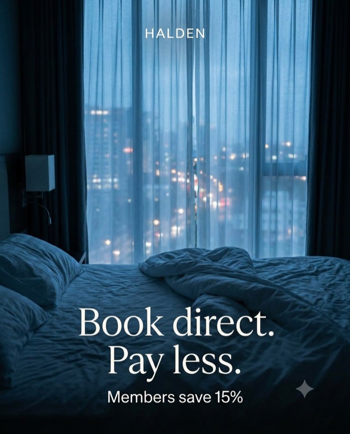 Halden advert — a hotel room at dusk with city lights, headline: book direct, pay less