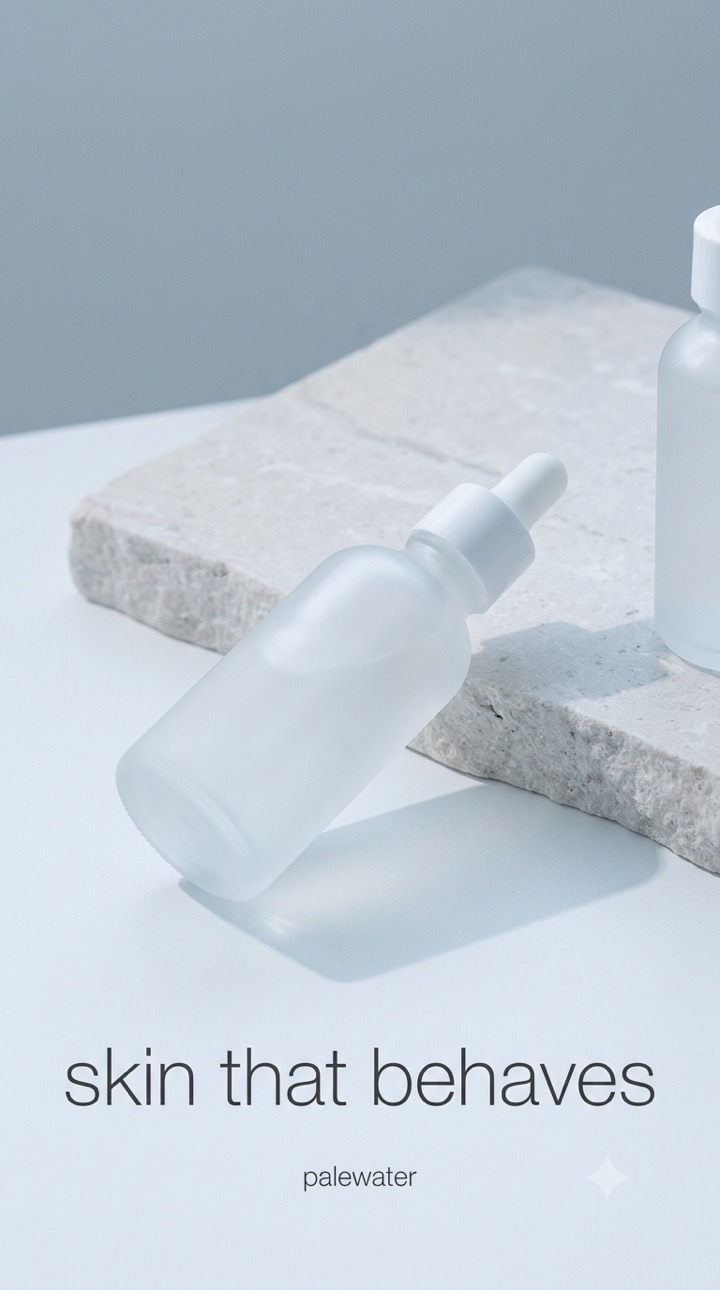 Palewater advert — frosted serum bottles on pale stone, headline: skin that behaves
